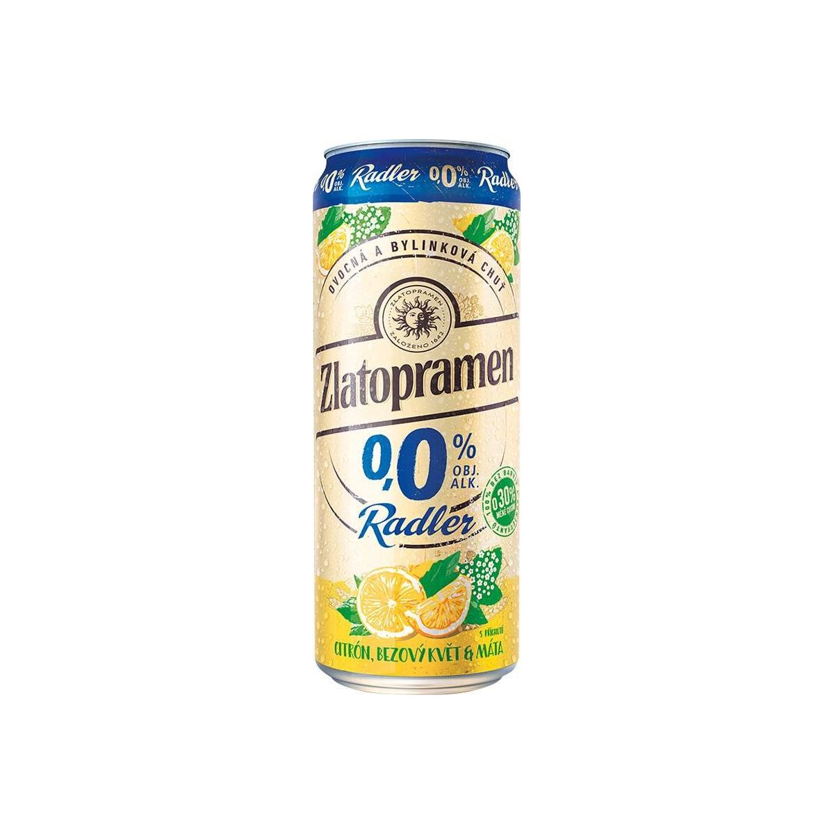 Zlatopramen Radler 0,0 % Citrón, bezový květ a máta 0,5l - plech