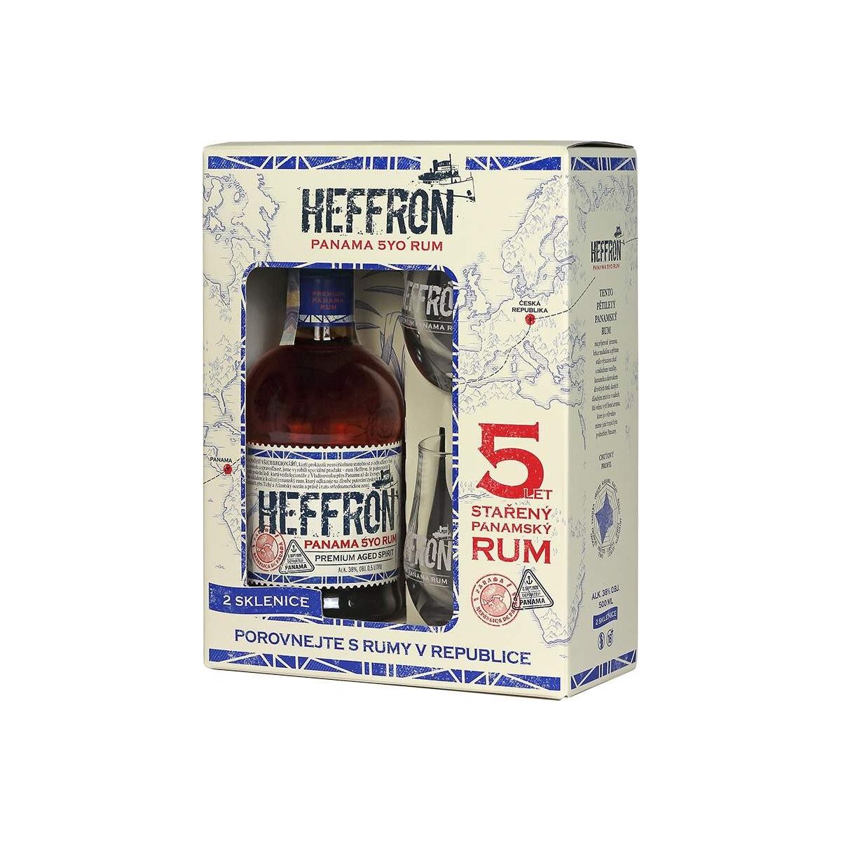 Heffron Panama Original Rum 5YO 0,5l - kazeta + 2x sklo