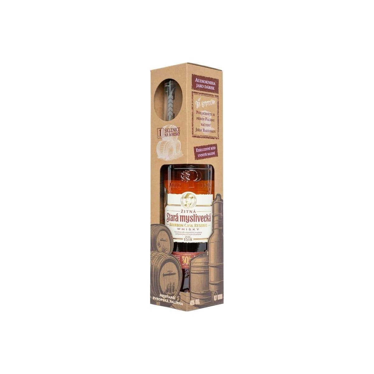 Stará žitná Myslivecká Bourbon Cask Reserve 4 YO 0,5l kazeta + sklo