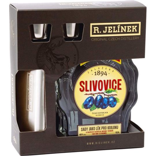 R. Jelínek Slivovice bílá 45% 0,5l – budík + nerezová butylka + 2× sklo