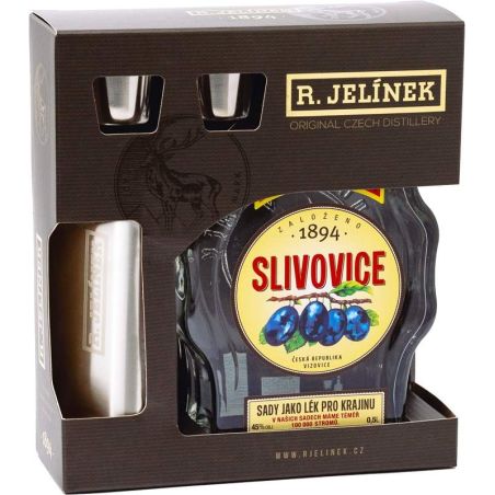 R. Jelínek Slivovice bílá 45% 0,5l – budík + nerezová butylka + 2× sklo