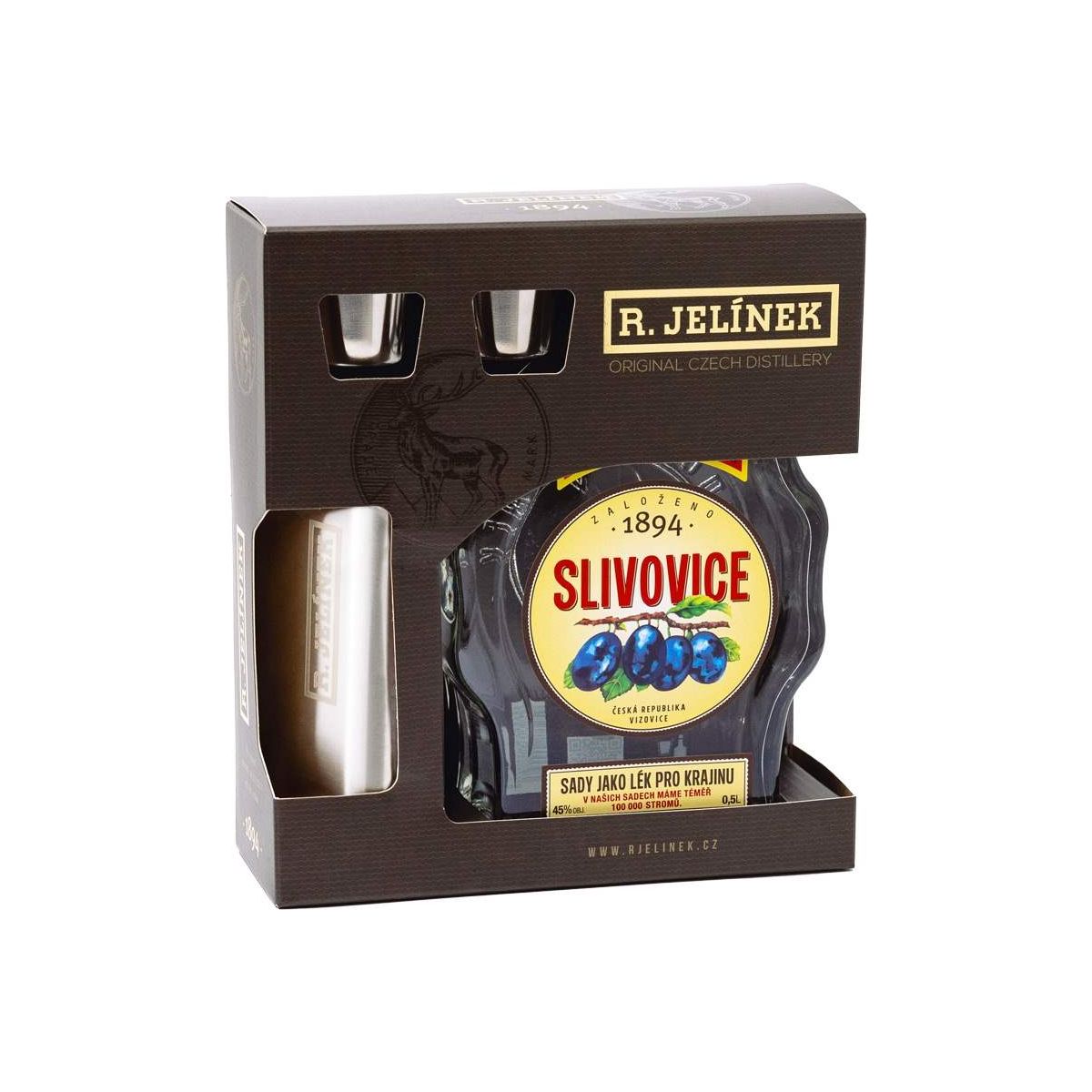 R. Jelínek Slivovice bílá 45% 0,5l – budík + nerezová butylka + 2× sklo