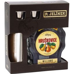 R. Jelínek Hruškovice 45% 0,5l – budík + nerezová butylka + 2× sklo