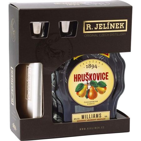 R. Jelínek Hruškovice 45% 0,5l – budík + nerezová butylka + 2× sklo
