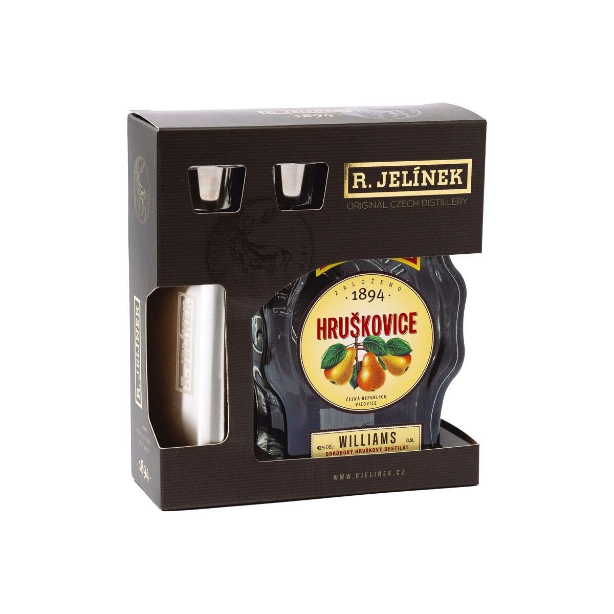 R. Jelínek Hruškovice 45% 0,5l – budík + nerezová butylka + 2× sklo